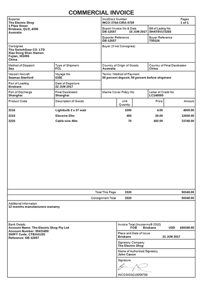 Nội dung của hóa đơn thương mại
