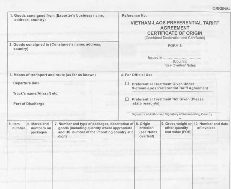 Mẫu giấy chứng nhận C/O Form S