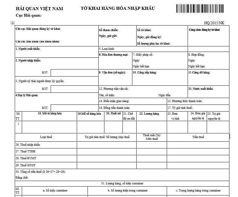 Tờ khai hàng hóa nhập khẩu