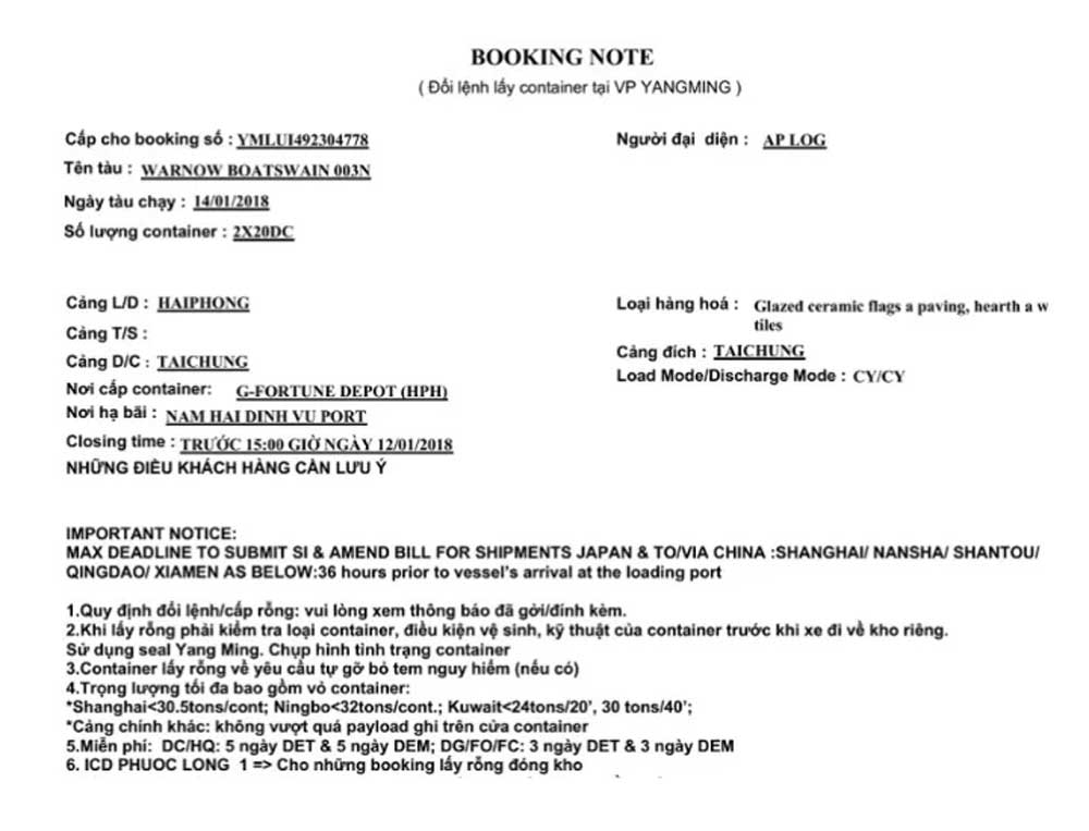 Mô tả hàng hóa Booking Note