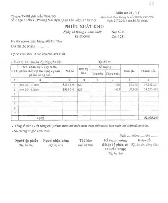 Phiếu xuất kho theo thông tư 200