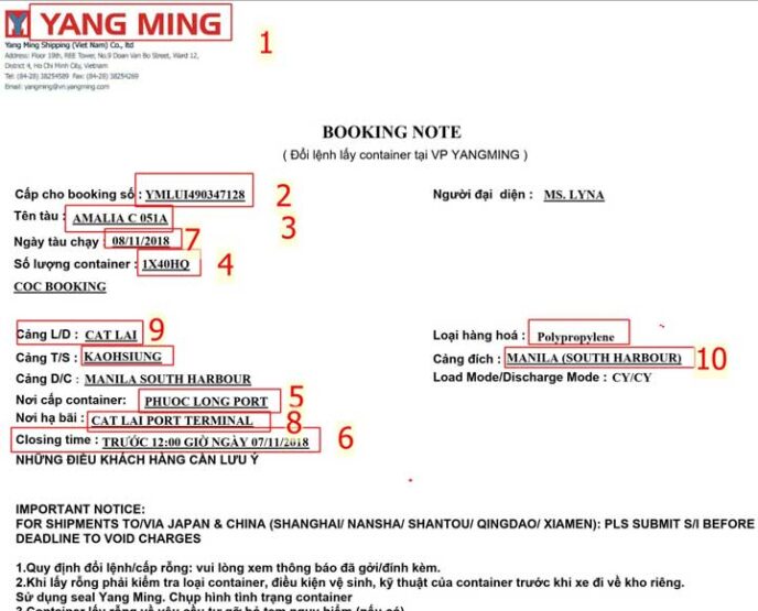 Thông tin về Booking Note