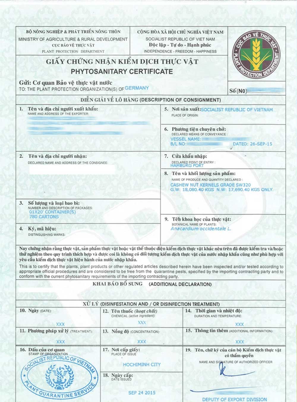 Giấy chứng nhận kiểm dịch