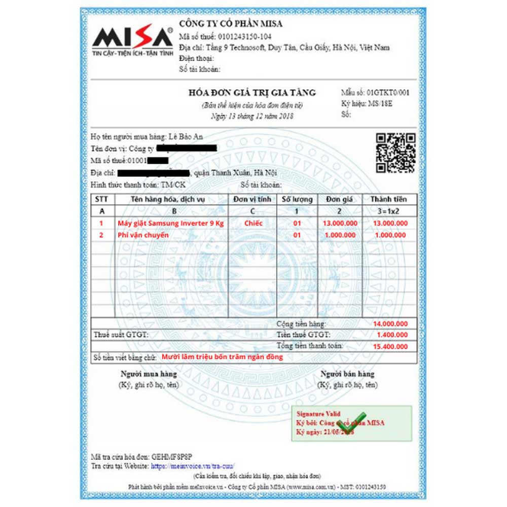 Mẫu hóa đơn Misa