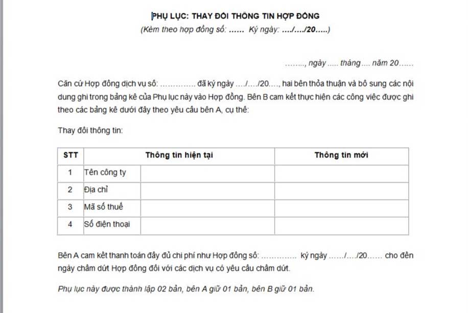 Phụ lục thay đổi thông tin hợp đồng